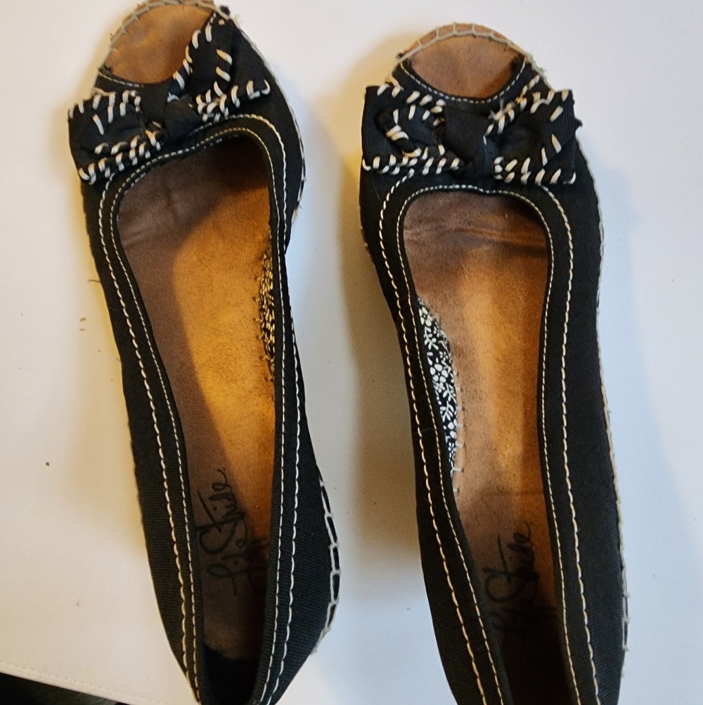 EUC Life Stride Black Open Toe Heel Espadrilles Sz 9.5M